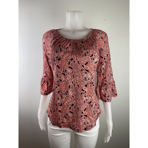 F. Michael Kors Top Size M Paisley Multicolor Pink Top Ruffle Sleeve NWT $64 - Picture 2 of 11